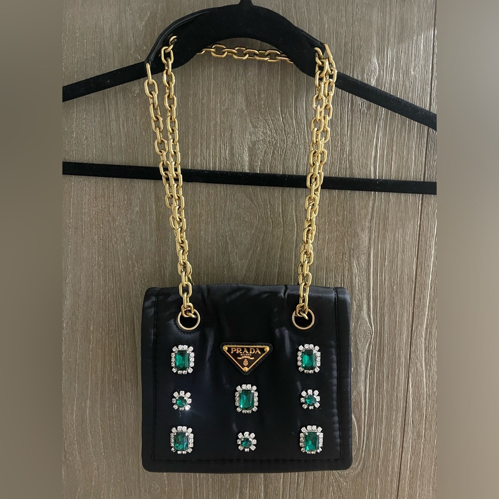 Prada Tessuto Nylon Black Flap Handbag w Emerald and Clear Crystals